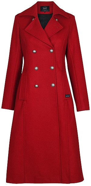 Manteau long droit ceinturé à boutons rouge femme