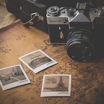 Carte du monde, photos et appareil photo vintage 